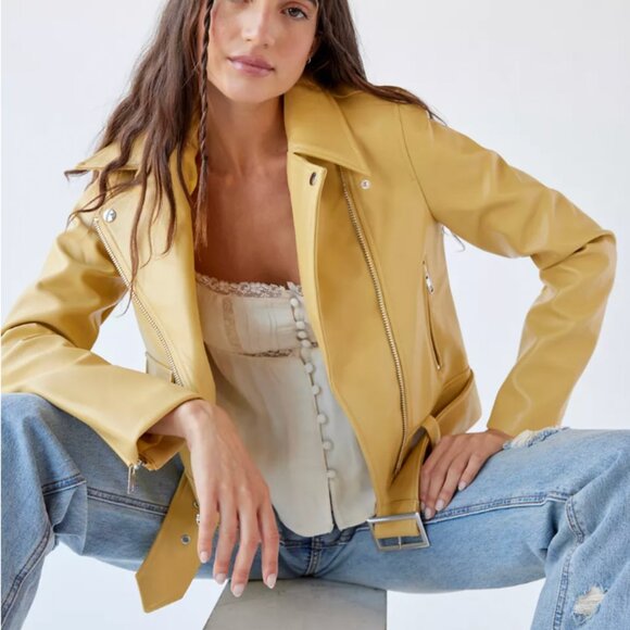 Urban Outfitters Yellow Faux Leather Moto Jacket Med - Picture 2 of 8